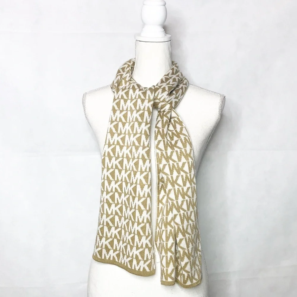 MICHAEL KORS Tan & White Signature Logo Scarf
